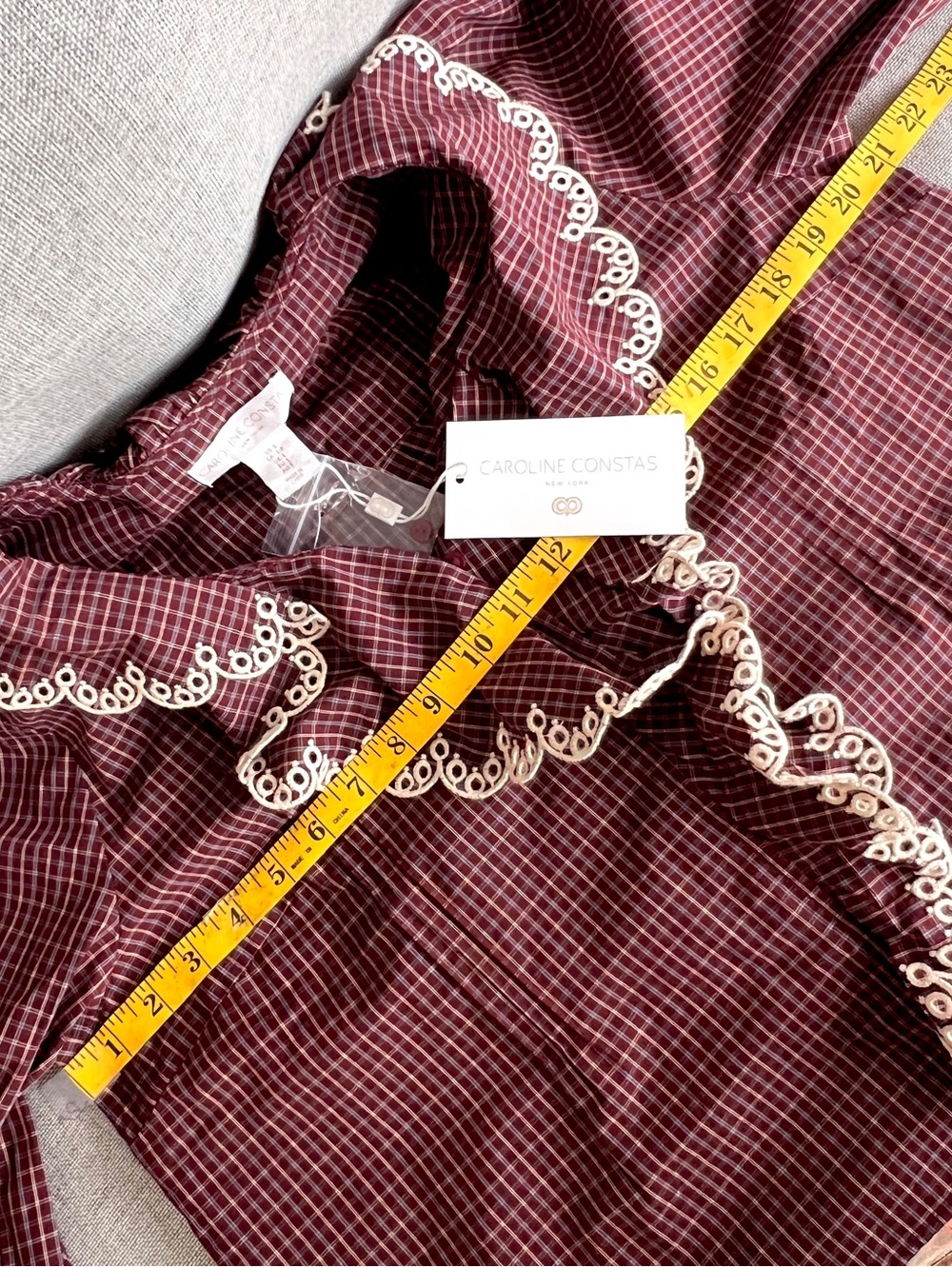 Caroline Constas Ruffled Plaid Embroidered wide long sleeve Cotton blouse size S - Picture 7 of 13